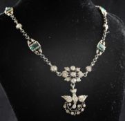 A 19th century silver and green and white paste set drop pendant necklace, the drop in the form of a