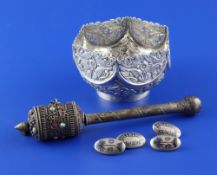 A Burmese? silver hexagonal bowl, with pierced border decorated with fish, peacock? mark to base,