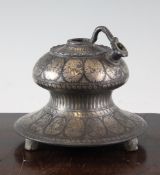 An Indian bidri ware huqqa base, of typical circular bell shaped form, 6in.