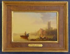 19th century English Schooloil on wooden panel,Fisherman on an estuary,6.5 x 9.5in.