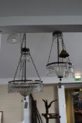 A Victorian style circular electrolier, with facet cut pendant drops and frosted dome shade,