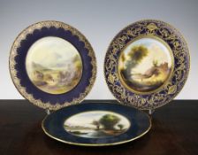 Three Royal Worcester landscape plates, painted by James Stinton & S.H. Evans, c.1930-32, the