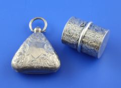 A Victorian silver cylindrical sovereign case and an Edwardian silver triangular sovereign case,