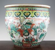 A Chinese famille verte fish bowl, Guangxu period, the exterior painted with noblemen and soldiers