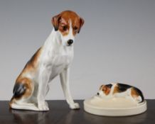 A Royal Worcester figure of a foxhound and a similar ashtray, modelled by Doris Lindner, the