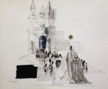 Envin Cremona (1919-1987)ink and watercolour,Figures on the steps of Valetta cathedral,signed and