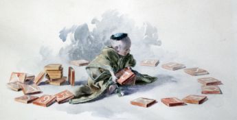 Late 19th Century American Schoolwatercolour,Chinese boy laying out alphabetical blocks,signed in
