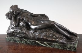 Francis Derwent Wood (1871-1926). A bronze figure of a reclining nude female, on green rectangular