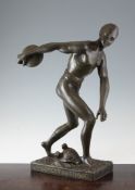 A French Art Deco patinated metal model of a male discus thrower, on rectangular metal base,