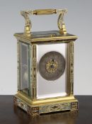 A French ormolu and champleve enamel hour repeating carriage clock, with silvered Roman chapter