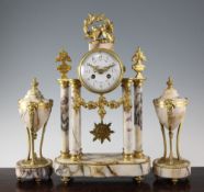 A French gilt metal and marble clock garniture, with portico mantel clock surmounted by doves and