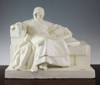 A large Zsolnay, Pecs white glazed model of a seated monk, c.1910-20, the figure holding an open