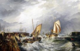 John Lewis Chapman (1946-)oil on canvas,`English Pier Scene with fishing smacks seeking shelter`,
