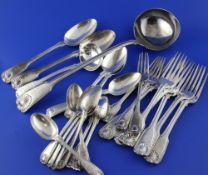 A matched part suite of William IV and later silver fiddle, thread and shell double struck flatware,