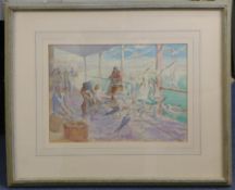 Arthur Bradbury (1892-1977)watercolour,Seagulls and fishermen on the dock,signed,9.5 x 13.75in.