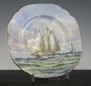 A Royal Crown Derby `Taormina` plate, painted by W.E.J. Dean, with a yacht, titled, red printed mark