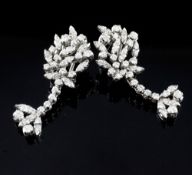 A pair of Victorian style 18ct white gold and diamond cluster drop earrings, 1.5in.