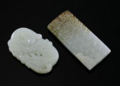 Two Chinese celadon jade carvings, the first carved and pierced as a mythical beast, the second