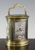 A late 19th century French gilt brass and Sevres style hour repeating carriage alarum clock,