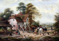 George Lara (fl.1862-1871)oil on canvas,Village scene,signed and dated `64, with original label