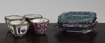 Four Canton enamel cups and four square dishes, 18th / 19th century, painted with various subjects