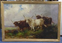 William Watson (1831-1921)oil on canvas,Highland cattle beside a stream,signed and dated 1908,20 x