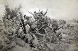 Fortunino Matania (1881-1963)watercolour and pencil,Scots Guards storming a trench, illustration for