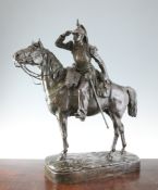 A late 19th century French bronze of a cavalry soldier on horseback, `Le Cuiras Sier à Cheval`,