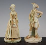 A pair of Royal Worcester blush ivory figures, modelled by James Hadley, date code for 1885, each