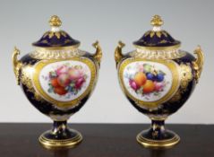 A pair of Royal Crown Derby twin handled vases and covers, c.1903, painted by Cuthbert Gresley, with