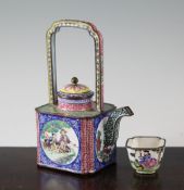 A Canton enamel European subject teapot and cover, and a similar square tapering cup, 18th / 19th