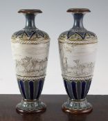 Hannah and Lucy Barlow for Doulton Lambeth. A pair of `deer` vases, dated 1883, with predominantly