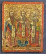 Greek Schooltempera on wooden panel,Icon depicting three saints,10.75 x 9in., unframed
