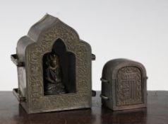 Two Tibetan copper prayer boxes, two bronze Buddha figures and a fruit stone carving, late 19th /