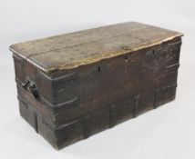 An 18th/ 19th century oak iron bound chest, with two side handles and double escutcheon front, W.3ft