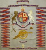 Three Military silkwork and needlepoint Regimental panels, each framed and glazed, one for the