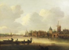18th century Dutch Schooloil on wooden panel,Fishermen casting nets, a town beyond,15.5 x 21in.