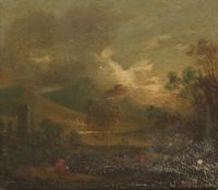 Early 19th century English Schooloil on wooden panel,Figures in a landscape,4.5 x 5in.
