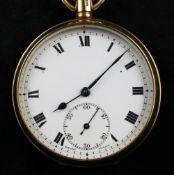 A George V 9ct gold, keyless lever pocket watch, with Swiss movement and Roman dial with