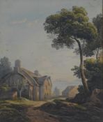 John Varley (1778-1842)watercolour,Cottages overlooking the coast,signed,9.5 x 8in.; unframed