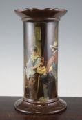 A Royal Doulton cylindrical vase, painted by Arthur Eaton, with a cavalier and a lady in an