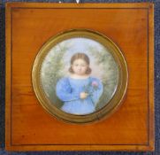 19th century English Schooloil on ivory,Miniature of a girl holding a rose,tondo,2.75in.