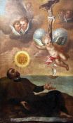 19th century Spanish Schooloil on canvas,Cherubs and crucifix rising above a saint,50 x 32in.