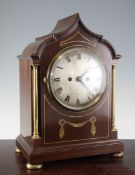 An Edwardian brass inset mahogany bracket clock, with silvered Roman dial and movement striking on a