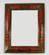A Chinoiserie red and gold lacquered rectangular wall mirror, with cushion frame, 2ft 7in. x 3ft