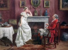 George Goodwin Kilburne (1839-1924)watercolour,Young lady and a huntsman taking tea beside the