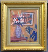 John Dinan (1953-)oil on canvas,Interior with vase of flowers,signed,12 x 10in.