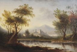 John Warkup Swift (1815-1869)oil on canvas,Angler in a landscape with town beyond,signed and dated