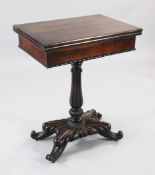 A George IV rosewood swivel card table, with folding top opening to reveal a chess board interior,