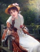 William Oliver (1823-1901)oil on canvas,Portrait of a lady seated upon a garden bench,signed and